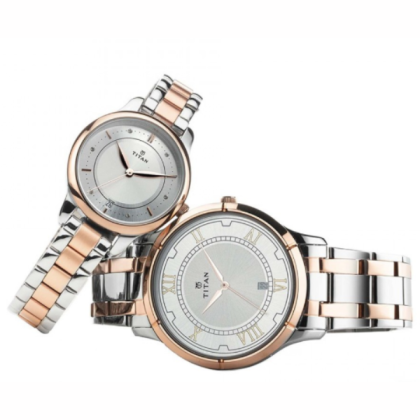 Titan Bandhan 17752481KM01 Analog with Date Silver Dial Stainless Steel Strap Quartz Couple Watch